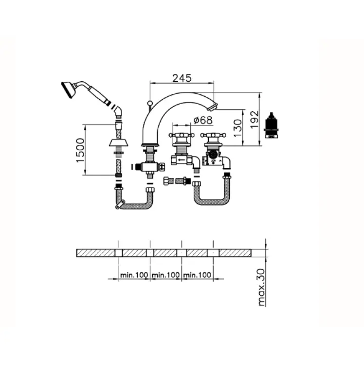 Huber Victorian 4-hole Thermostatic Bath Mixer with Handshower Stainless Steel VTT760102A