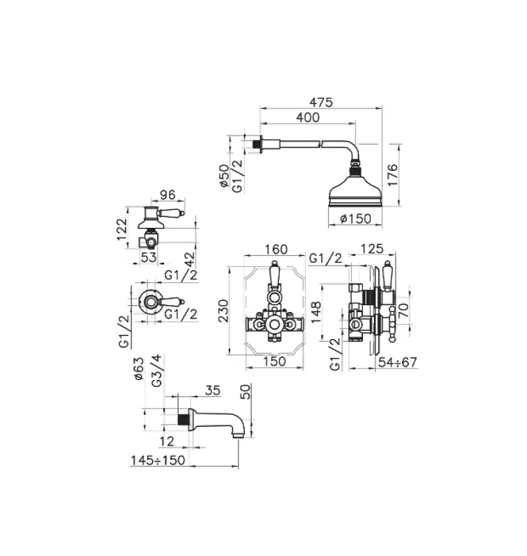 Huber Victorian Thermostatic Built-in Shower Set Gold 916.VT01H.AG
