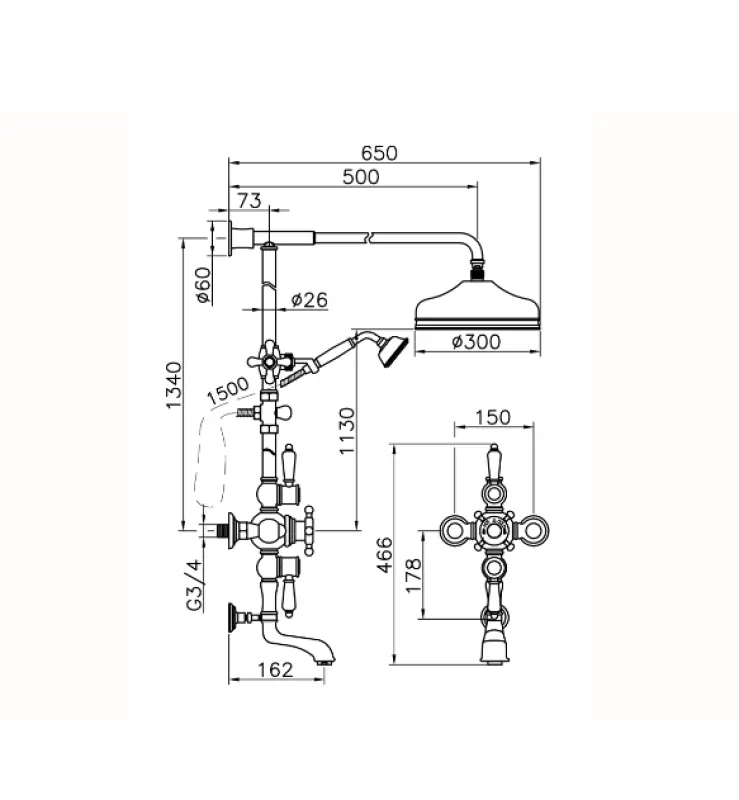 Huber Victorian Thermostatic Bath/Shower Set 30cm Stainless Steel 592.VN31H.AC