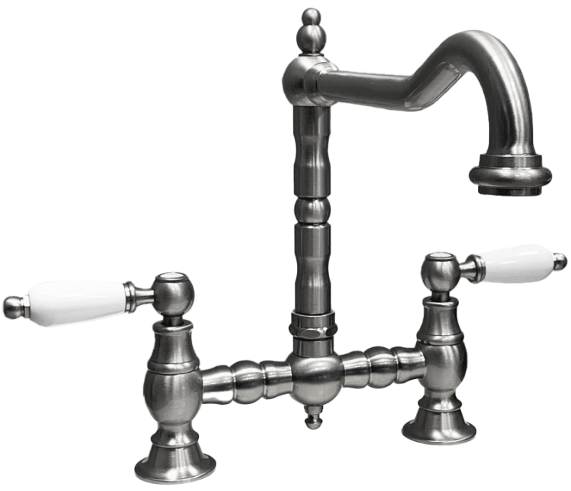 PB Old fashion bridge kitchen faucet stainless steel angled spout with white handles PBN.RVS.H.WH