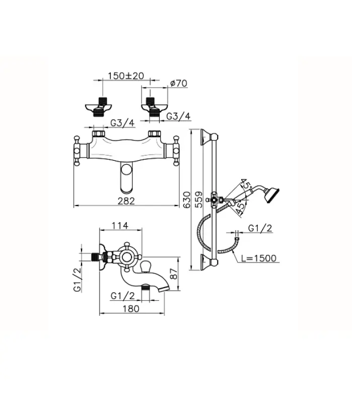 Huber Victorian Thermostatic Bath Mixer with Sliding Bar Chrome VTS2701021