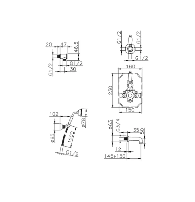Huber Victorian Thermostatic Built-in Bath-Shower Set Stainless Steel 915.VT01H.AC