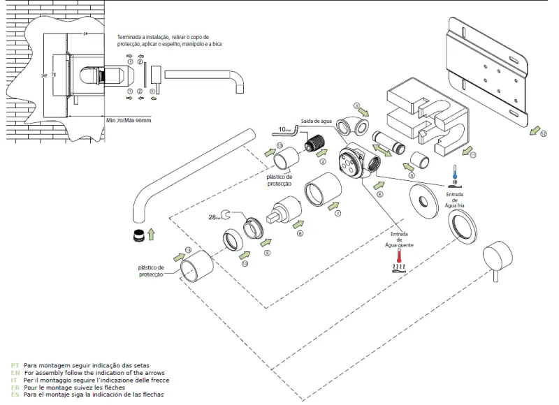 Waterevolution Flow consealed washmasin monobloc mixer with 25 cm spout, easy box and automatic stop & go valve. Bult-in + external parts black T1161BPR-25 
