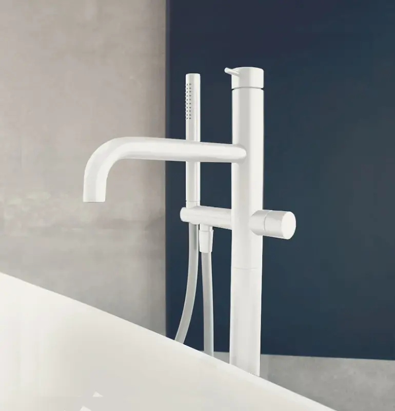 Waterevolution Flow Floor standing bathub mixer  with flexible, handshower and fixed holder White T133BR