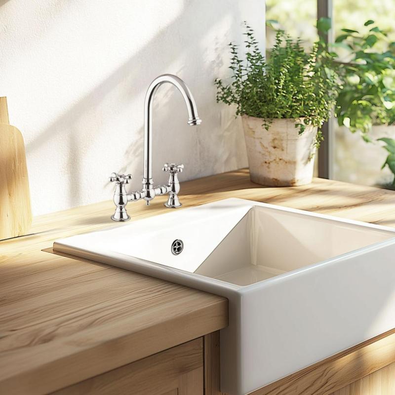 PB Old fashion Bridge kitchen faucet Chrome round spout with star knobs PBN.CHR.R.ST