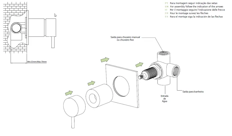 Waterevolution Flow Consealed 2 exits diverter round back plate White T1482SBR