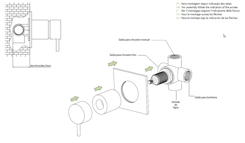 Waterevolution Flow Consealed 3 exits diverter round back plate Black T1483SPR