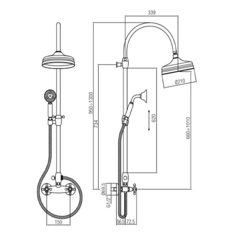 PB Classic Shower set surface-mounted strong-knobs with rain shower telescopic shower column stainless steel 1208855912