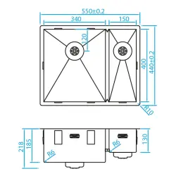 Caressi one and a half stainless steel kitchen sink CAPP3415R6R0 W34+W15xL40xD18.5cm flush mounted undermount inset 1208920589
