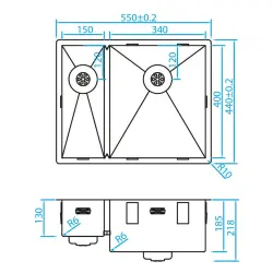 Caressi one and a half stainless steel kitchen sink CAPP1534R6R0 W34+W15xL40xD18.5cm undermount flush mounted inset 1208920590