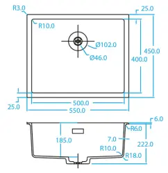 Caressi White Line white Quartz kitchen sink 50cm inset or undermounted CAGRPP50WH-TU 1208921343