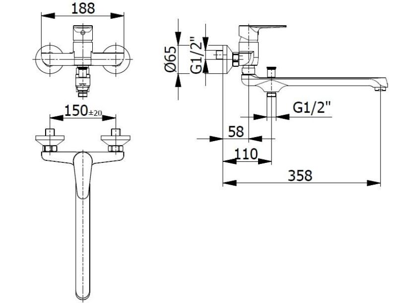 Blusani special Wall tap Chrome with long spout 35cm and hand shower 1208952919