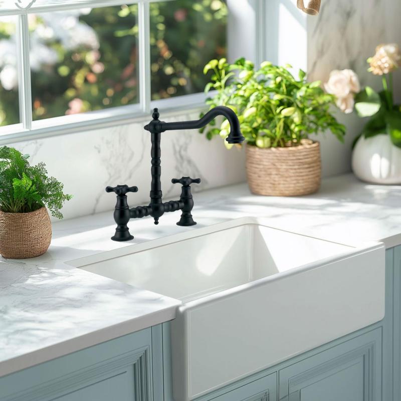 PB Nostalgic Bridge kitchen tap Matt black angled spout with star knobs PBN.ZW.H.ST