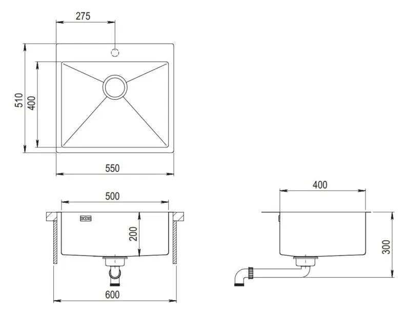 Ausmann Weser stainless steel sink anthracite colour PVD Gun Metal 55x51 with tap holeundermount flush-mounted and inset 067144