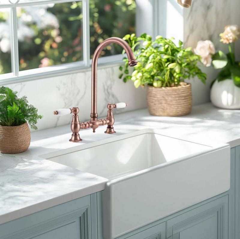 PB Nostalgic Bridge kitchen tap copper round spout with white handles copper PBN.KOP.R.WH