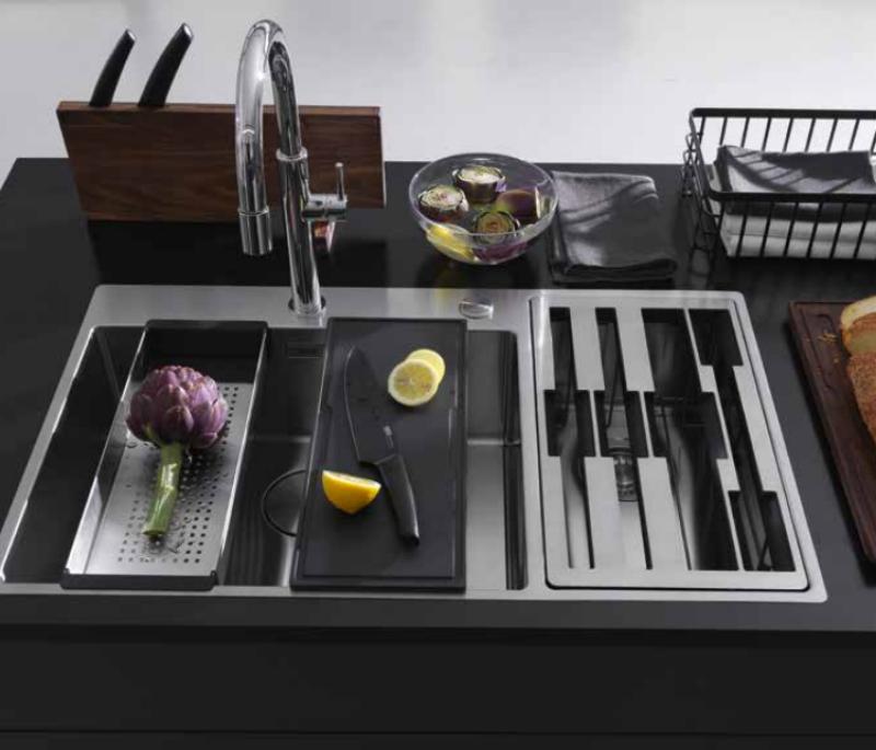 Franke Box Center BWX220-54-27 stainless steel sink right with chopping board knife set and wire basket 86x51cm 127.0570.616