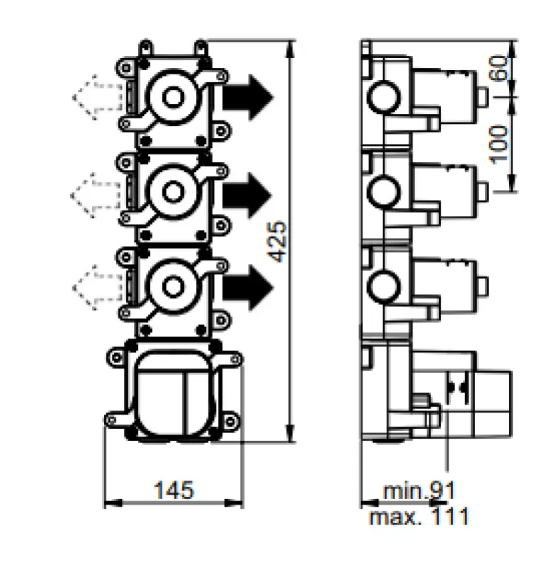 SB AESTHETICS Round concealed thermostatic mixer with 3 outlets / 3 shut-off valves, chrome 1208954968