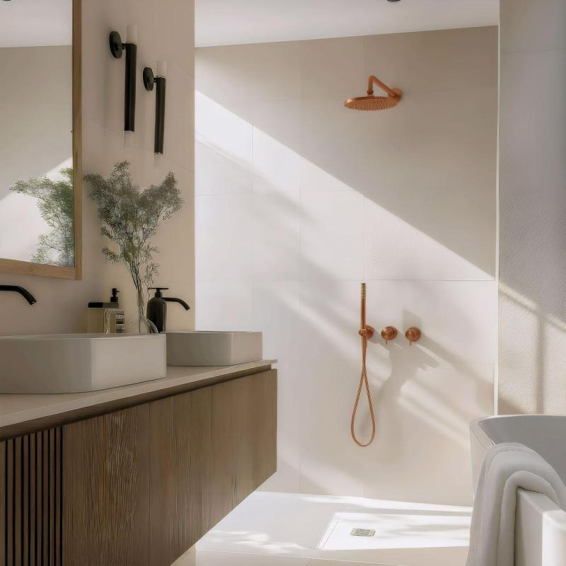 Waterevolution Flow recessed shower set with thermostat rain shower and hand shower brushed copper PVD