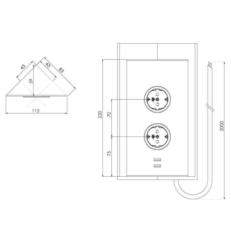 Indux Power socket 2ST22 with 2 outlets and 2 USB sockets Copper - with earthing pin