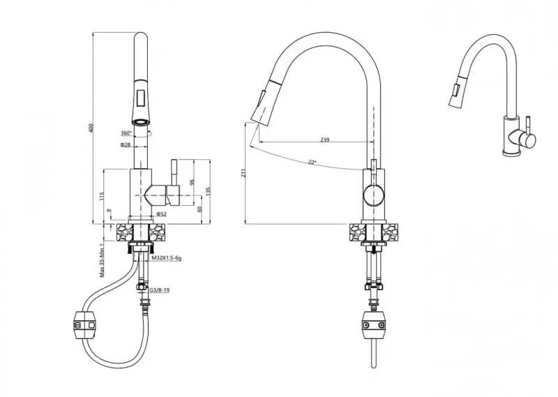 Quadri Leeds kitchen mixer tap with pull-out shower with 2 settings matt black 1208955907