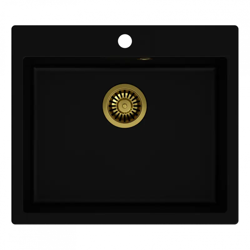 Quadri Sheffield black granite flush-mounted sink 57x50cm with tap hole bench and gold plug 1208956116