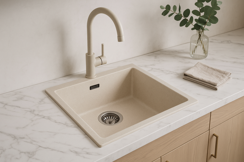 Sand cream sink 40x40cm undermount inset and flush-mounted with stainless steel plug 1208956394