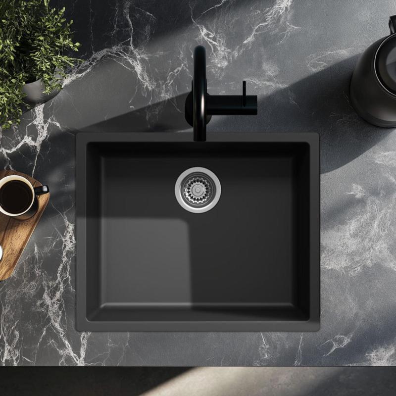 Black sink 50x40cm undermount inset and flush-mounted with stainless steel plug 1208956395