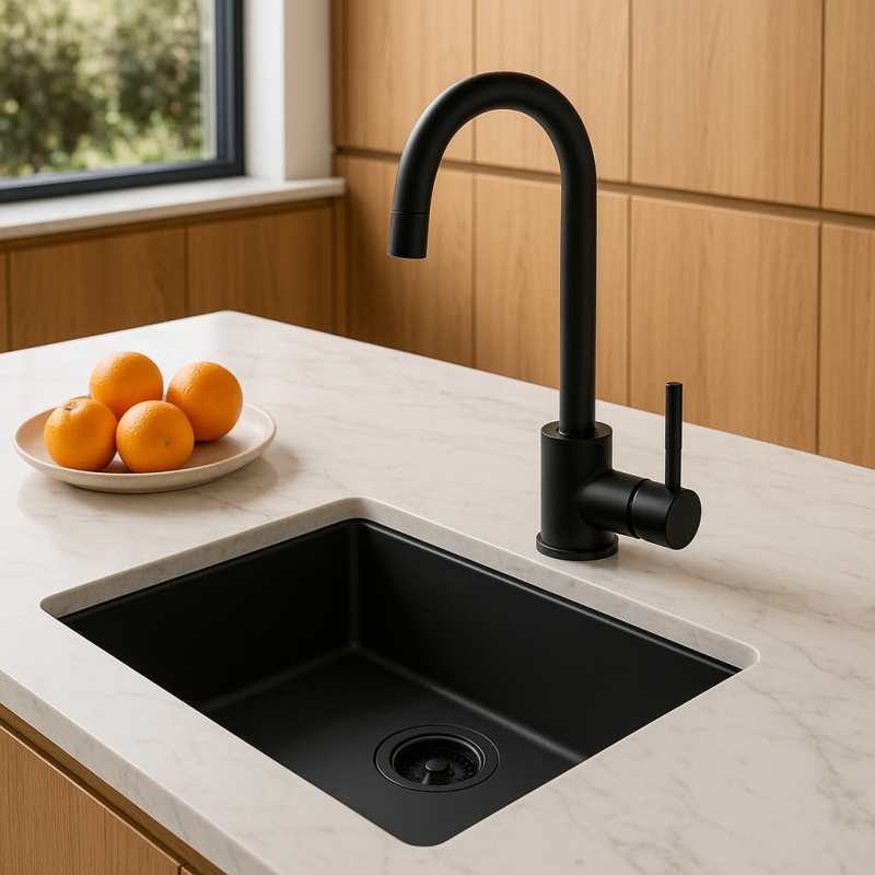 Black sink 50x40cm drop-in mounted undermount flush-mounted with black waste 1208956396