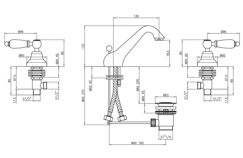 PB classic tap 3 hole low-flow sink faucet White levers Bronze 1208956907