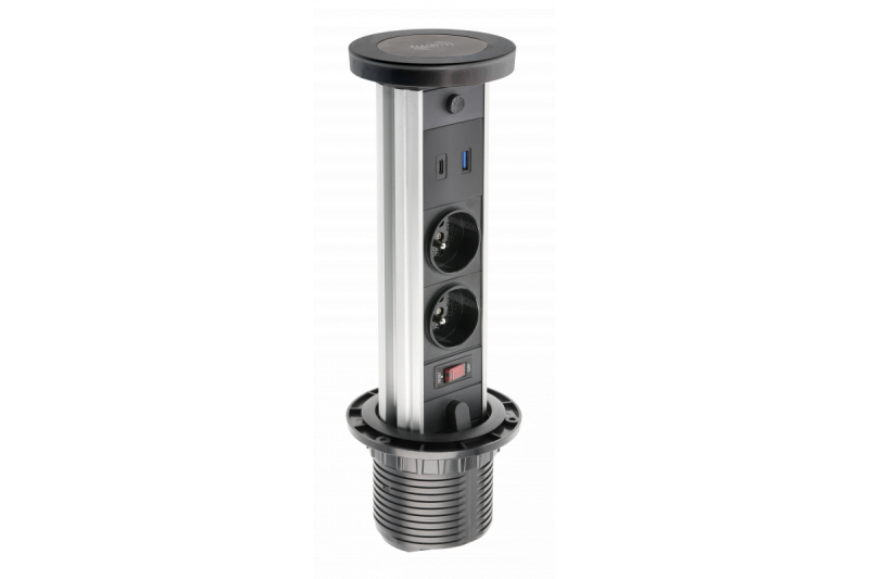 Indux Lift retractable pin-earth black kitchen socket for worktop with lighting, 2 x USB and wireless charging 1208957402