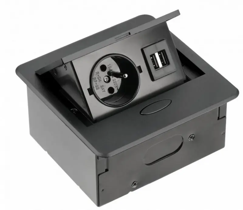 Indux Flip Small pin earthing kitchen socket for worktop or wall matt black with 2 USB chargers 1208957425