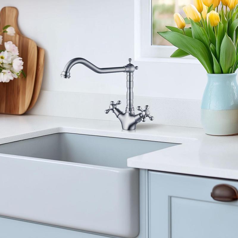 AquaTrimo Windsor nostalgic kitchen tap with angled spout, stainless steel 21WS7531NM