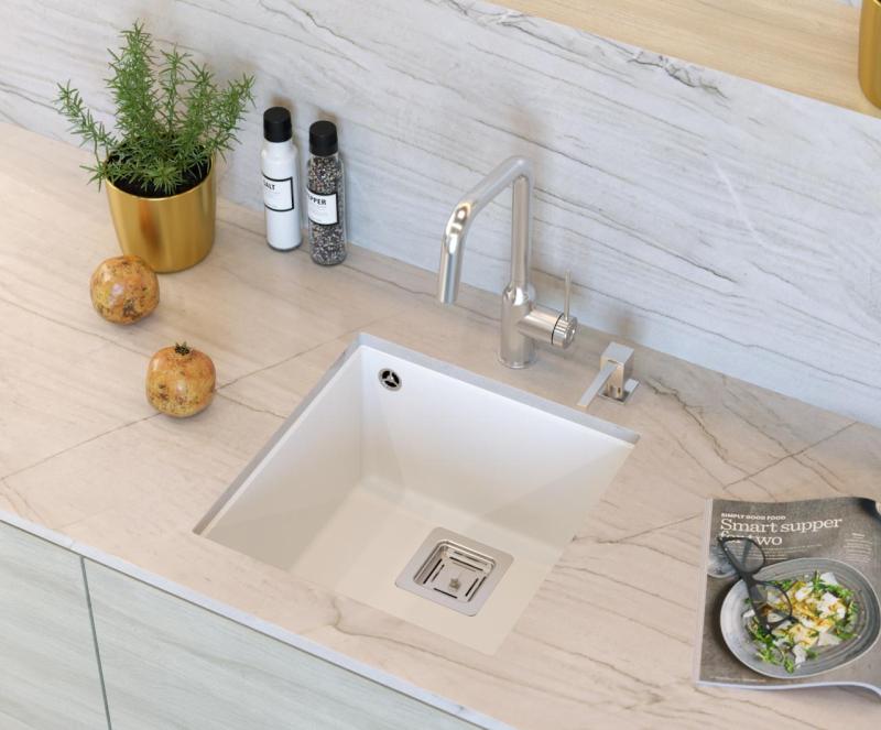 Quadri Quadrangle white undermount granite sink 42x42cm with stainless steel plug 1208957886