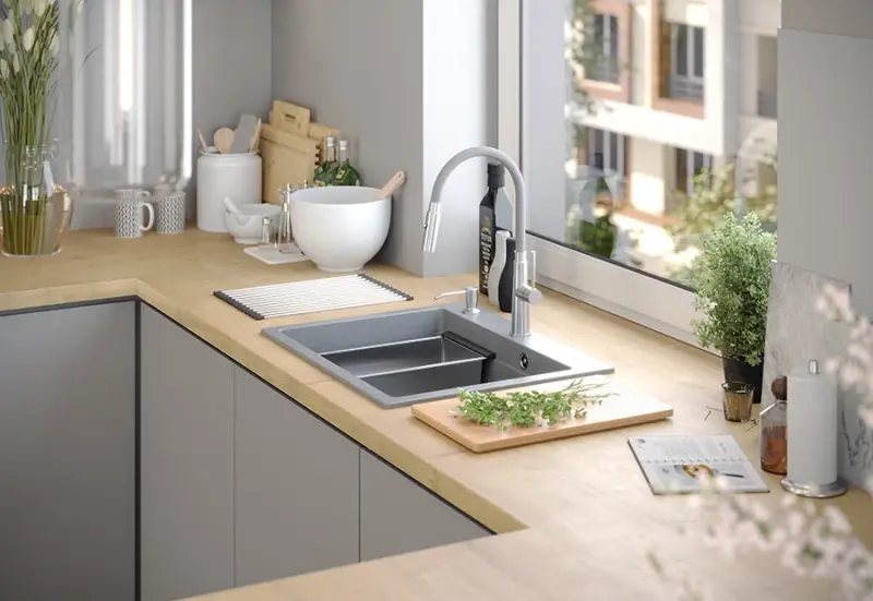 Quadri Durham white granite built-in sink 595x500 with soap dispenser, cutting board, roll mat, insert sink, and roll mat 1208957903