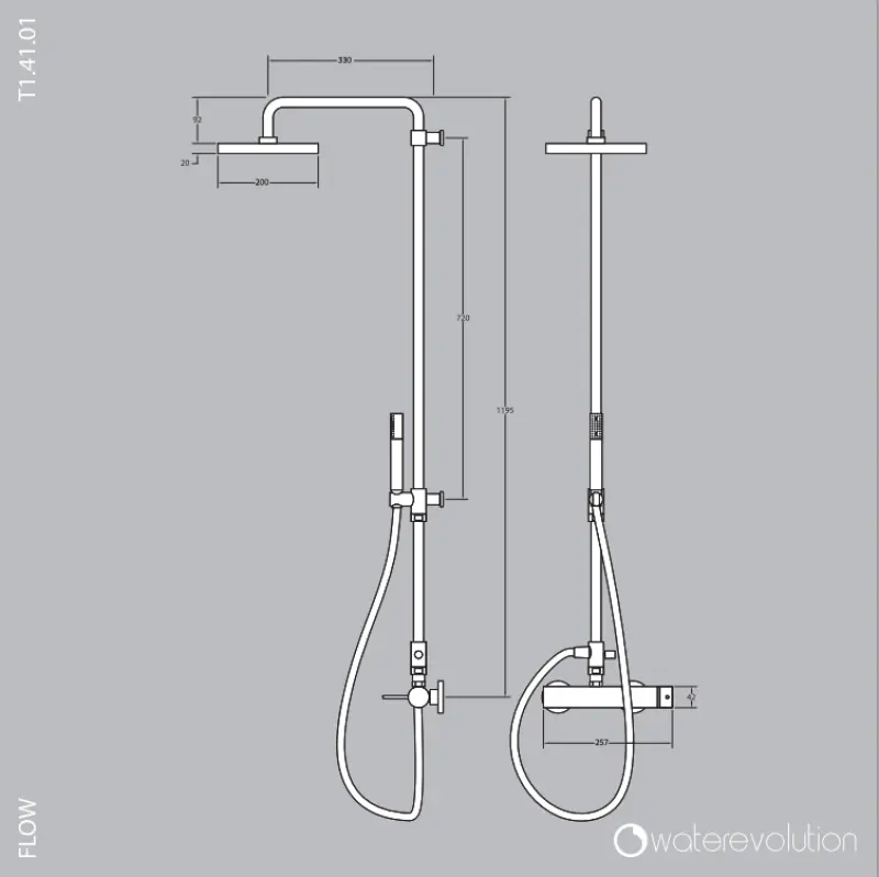 Waterevolution Flow Shower mixer with bar, flexible, handshower and fixed holder Stainless steel T141IE