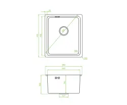 Aquadesign R25 steel top-mounted, undermount and flush-mounted sink inox with save space siphon 34x40cm 1208958201