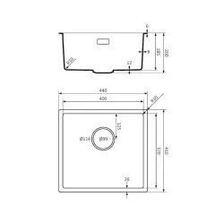 Lorreine BQ series sink 44x41cm undermount black with gold plug 40BQ37-FU-GOLD
