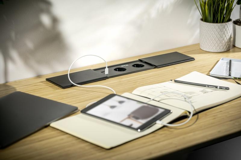 PRESTINO recessed desktop extension cable, 2x schuko socket, USB A+C, RJ45, HDMI, cable 1.5m, silver 1208958676