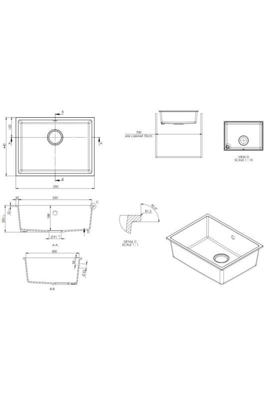 GraniteMy Universal granite white sink 55x40 cm white surface-mounted, under-mounted, and flush-mounted with stainless steel plug 1208967109