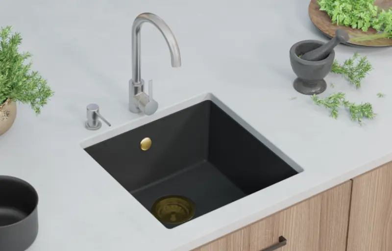 GraniteMy Universal granite black sink 40x40 cm black top-mounted undermount and flush-mount with gold plug 1208967113