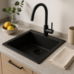 GraniteMy Universal granite black small sink 17x40 cm black top-mounted, undermount and flush-mount with black plug 1208967143