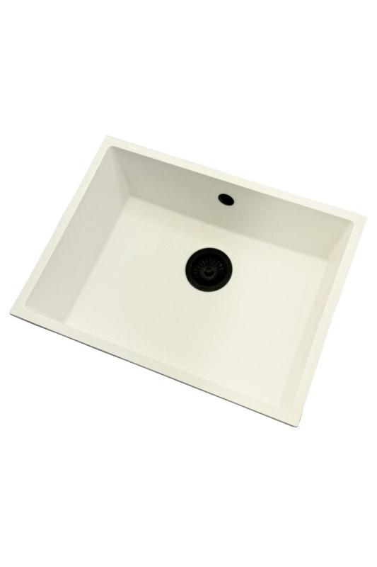 GraniteMy Universal granite white sink 55x40 cm white top-mount, undermount, and flush-mount with black plug 1208967154