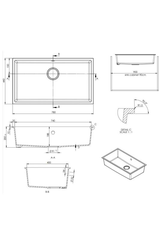 GraniteMy Universal granite large white sink 74x40 cm white top-mounted, undermount and flush-mount with copper plug 1208967162