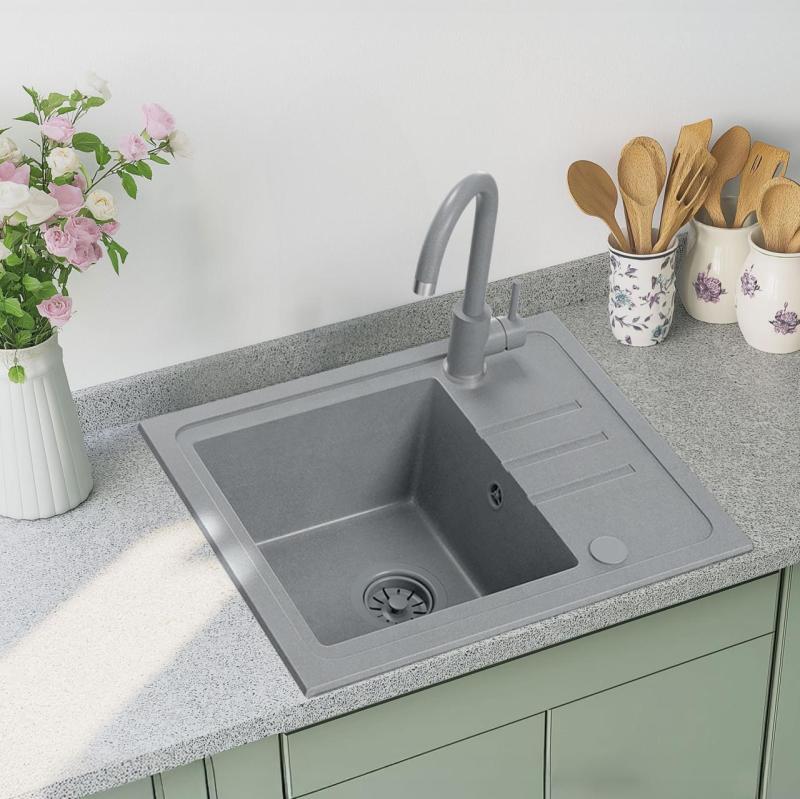 Quadri Sligo 60 Gray Granite Sink Set 55x44 cm with Draining Area Including Faucet 1208967200