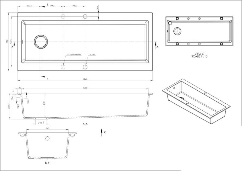 GraniteMy Trog granite very large black sink 116x50 cm black top-mounted with tap hole bench with black plug 1208967237