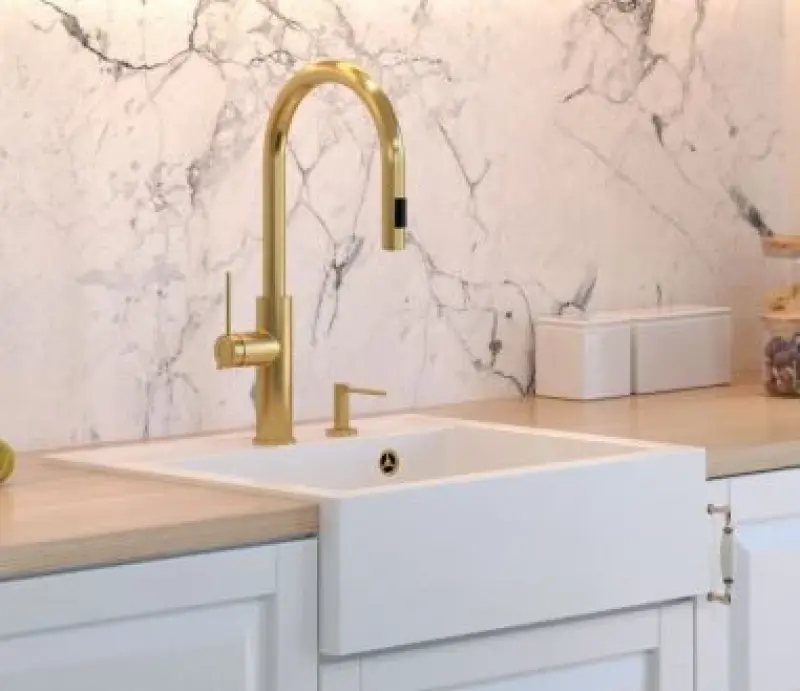 Quadri Farmhouse country intermediate or inset granite sink matte white with gold plug 595x540mm 1208967264