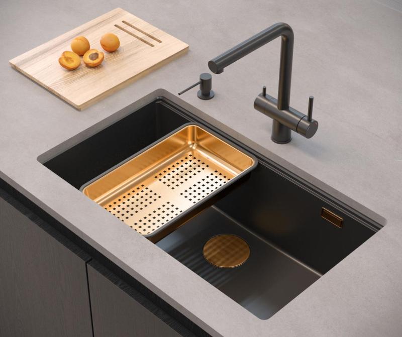 Quadri Newport II black granite inset and undermount sink with manual siphon 76x45cm with copper plug 1208967306