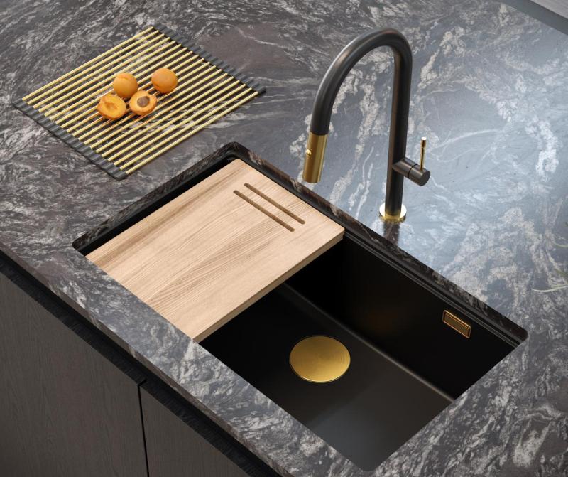 Quadri Newport II black granite inset and undermount sink with manual siphon 76x45cm with gold plug 1208967307