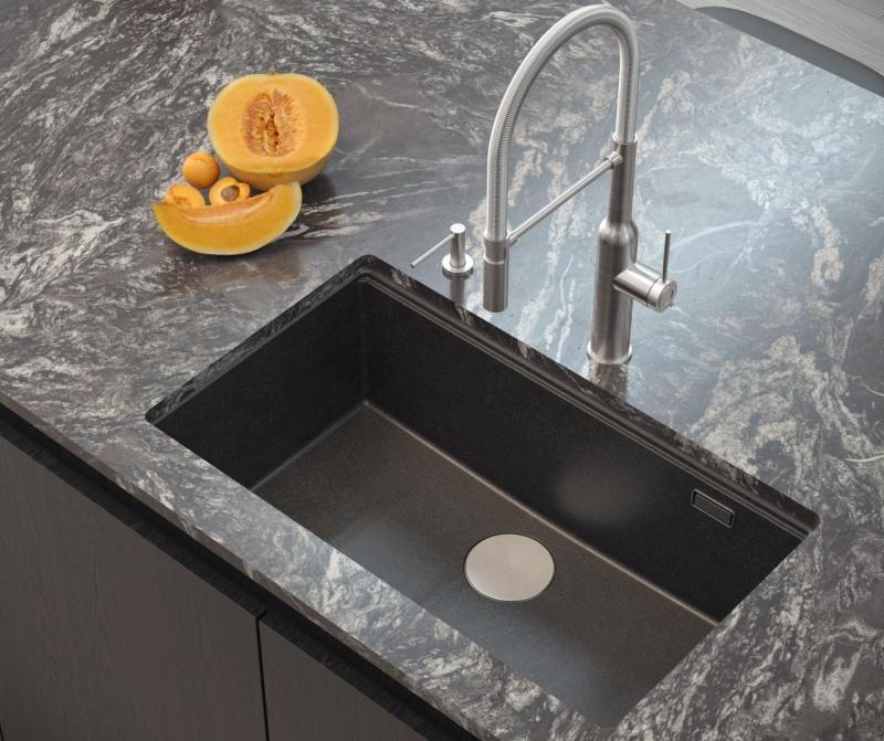 Quadri Newport II anthracite granite inset and undermount sink with manual siphon 76x45cm with stainless steel plug 1208967313