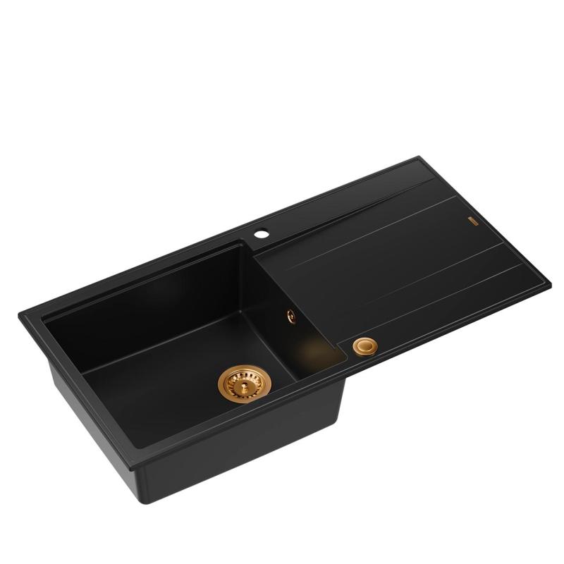 Quadri Luton black granite Inset Kitchen Sink with draining board reversible 100x50cm with copper plug 1208967316